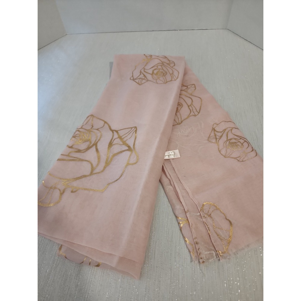 Mary Kay Pink Scarf Gold Metallic Rose Floral Sheer Lightweight WrapFringe 72x26